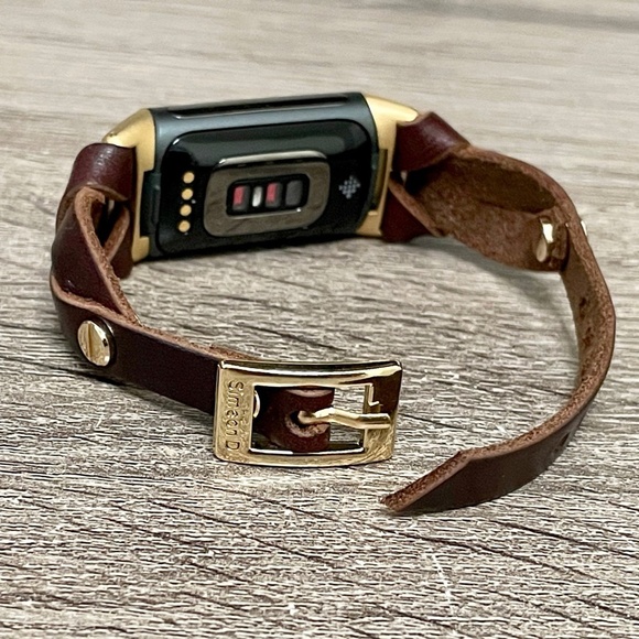 Dark Brown Slim Leather Strap Gold Fitbit Charge 5 Band Women Delicate Bracelet - Picture 3 of 8